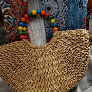 Large clutch woven macrame style with wooden beads